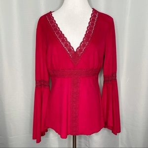 INC ultrasuede & crochet trumpet sleeve top